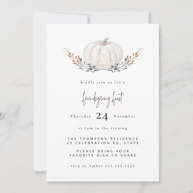 Convites Mínimo de Aquarela Pumpkin Dourado com Folha (Frente)