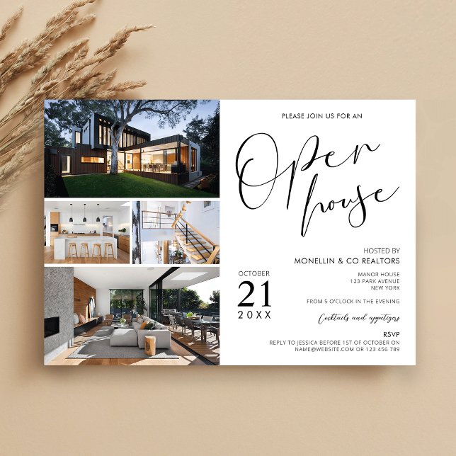 Convites Mínimo de Black & White Realty Abrir Casa 4 Fotos (Modern black & white Open House Invitation design with space for 4 custom photos)