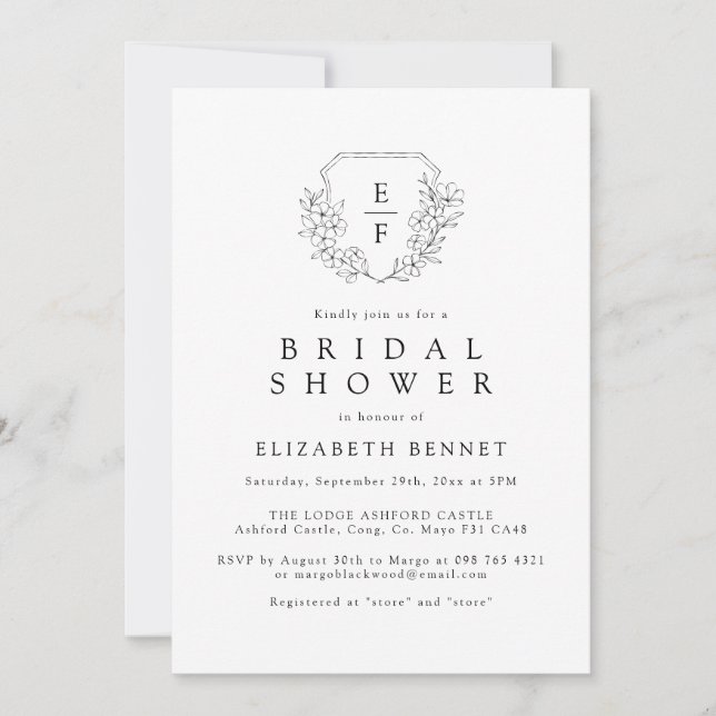 Convites Mínimo de Cherry Blossom Monograma Crest Bridal (Frente)