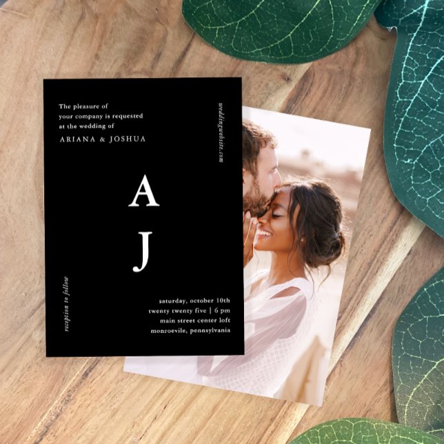 Convites Mínimo de Foto Monograma de Casamento Preto e Bran (Criador carregado)
