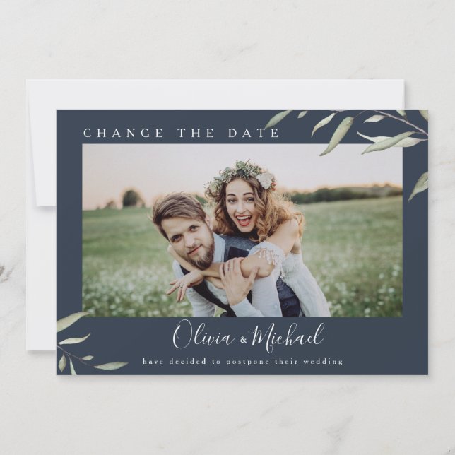 Convites Mínimo de fotografia verde muda a data adiada (Frente)