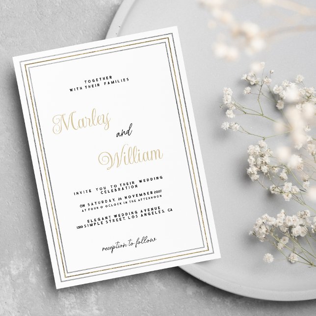 Convites Mínimo de luxo moldura de prata branca (Luxury minimalist white gold silver frame Wedding)