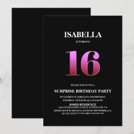 Convites Mínimo de Surpresa Negra e Rosa 16º Aniversário