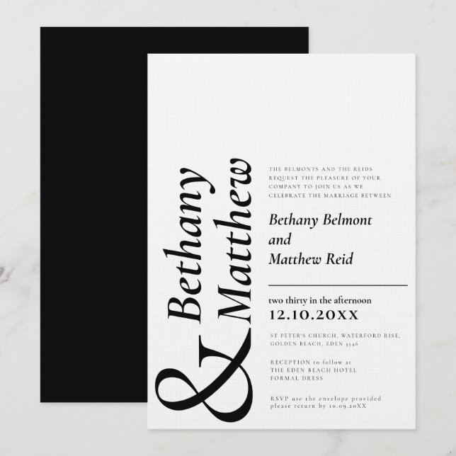Convites Mínimo de texto branco preto no mínimo casamento (Frente/Verso)