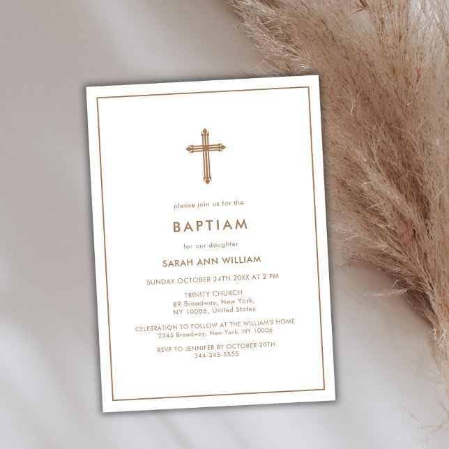Convites Mínimo Dourado Tipografia Cruzada Batismo (Minimalist Gold Typography Cross Frame Baptism Invitation)