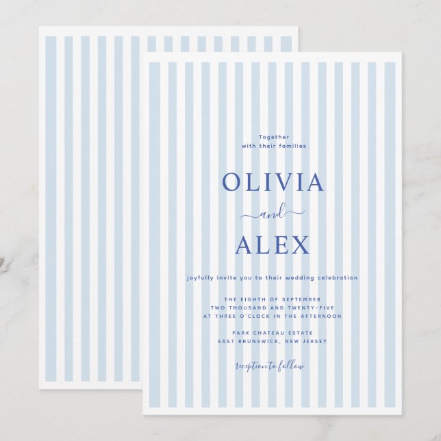 Convites Mínimo e Chic Azul Francês Casamento Personalizado (Frente/Verso)