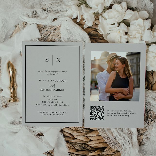 Convites Mínimo e Chic | Foto do código QR da Festa de noiv (Criador carregado)