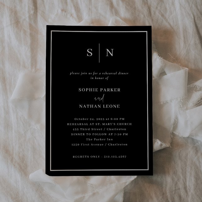 Convites Mínimo e preto-chico | Janto de ensaio Elegante (A dark, black, modern and elegant choice for your wedding rehearsal dinner invitation)