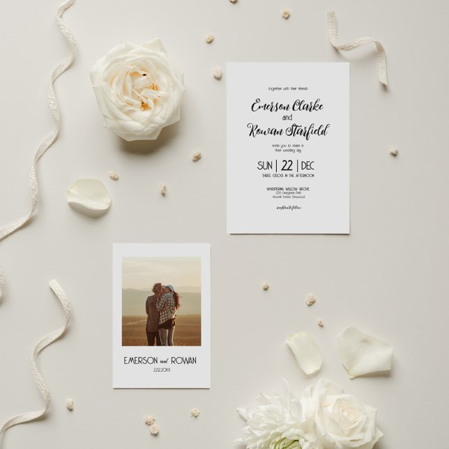 Convites Mínimo Elegante com Casamento editável por Foto (Minimalist Wedding invite with customisable Text and Picture of the Couple on the Back)