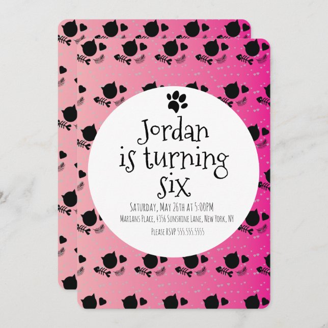 Convites Mínimo Gato-Gato-de-Pata-de-Pé-Rosa Festa de anive (Frente/Verso)