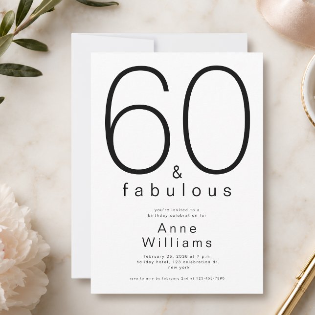 Convites Mínimo Moderno 60 e Fabuloso Aniversário de 60 ano (Criador carregado)