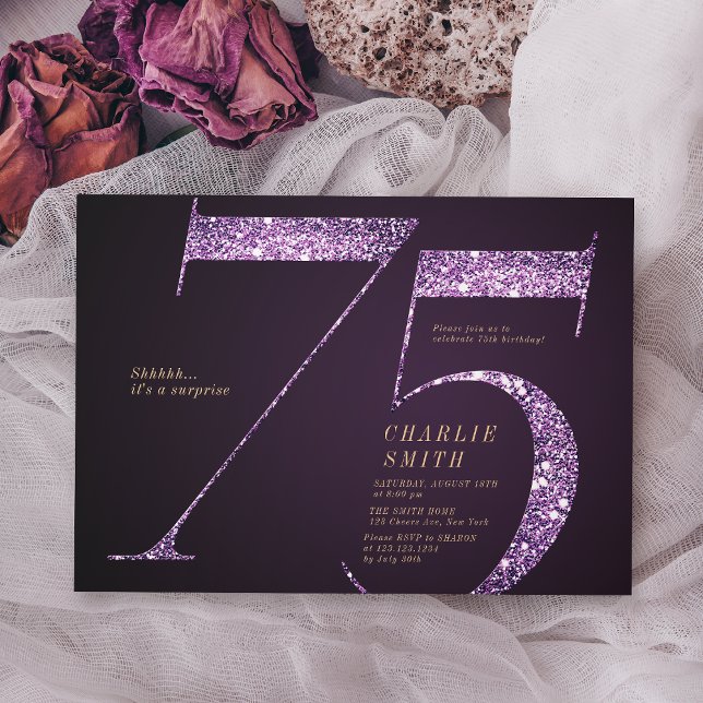 Convites Mínimo moderno brilho roxo 75 anos (Modern minimalist purple glitter 75th birthday invitation)