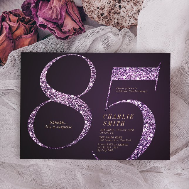 Convites Mínimo moderno brilho roxo 85 anos (Modern minimalist purple glitter 85th birthday invitation)