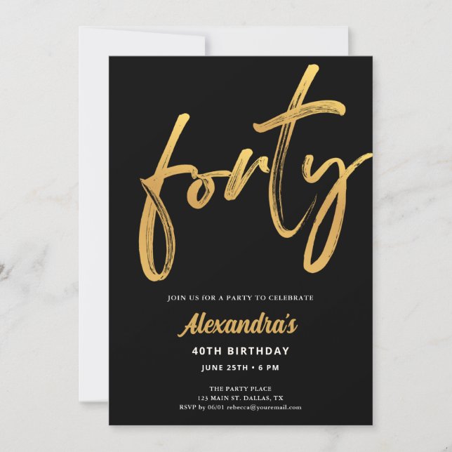 Convites Mínimo Moderno Preto Dourado Aniversário de 40 ano (Frente)