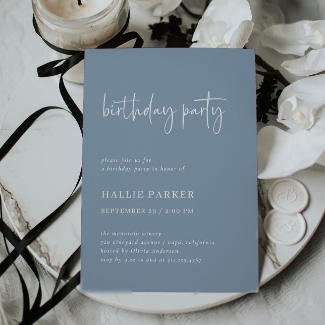 Convites Mínimo Moderno Simples | Festa de aniversário azul (An elegant, chic adult birthday party invitation for any age in dusty blue)