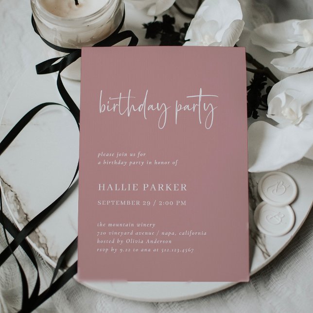 Convites Mínimo Moderno Simples | Festa de aniversário poei (A modern, minimal adult birthday party invitation for any age, in trendy dusty rose pink)