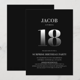 Convites Mínimo Negro e Prata Surpresa 18º Aniversário