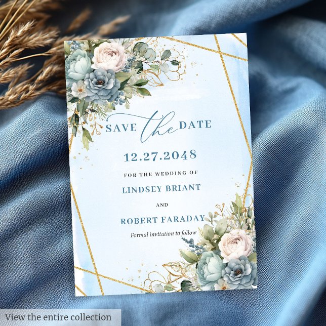 Convites Mínimo Pastel Azul Branco Dourado Data de Salvamen (Minimalist Pastel Blue White Gold Peonies Save The Date)