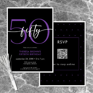 Convites Mínimo Roxo Moderno - 50 Script Birthday QR