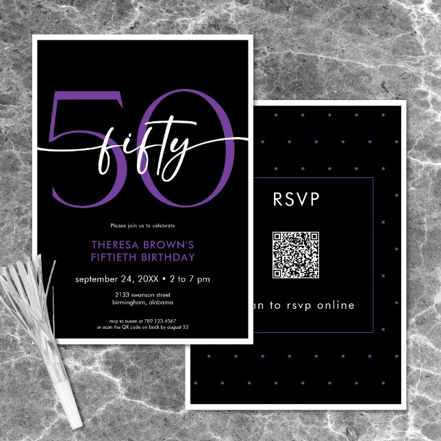 Convites Mínimo Roxo Moderno - 50 Script Birthday QR (Modern Minimal Purple Fifty Script Birthday QR Invitation)