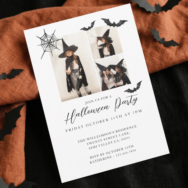 Convites Mínimo Três Foto Festa de Halloween de Spooky Bats (Minimalist Kid Photo Spooky Bat Halloween Party Invitation)