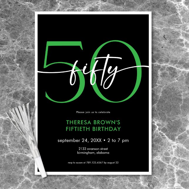Convites Mínimo Verde Moderno 50 Script Aniversário (Modern Minimal Green Fifty Script Birthday Invitation)