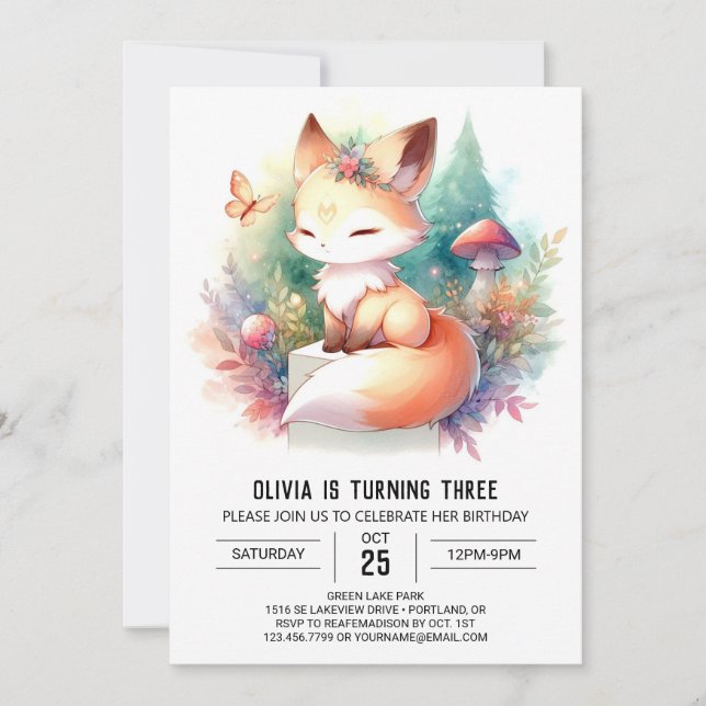 Convites Mínimo Woodland Fox Birthday digital (Frente)