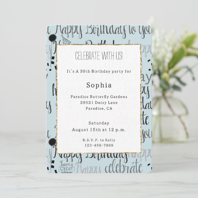 Convites Mint Birthday Celebration Balloons Confetti  (Em pé/Frente)