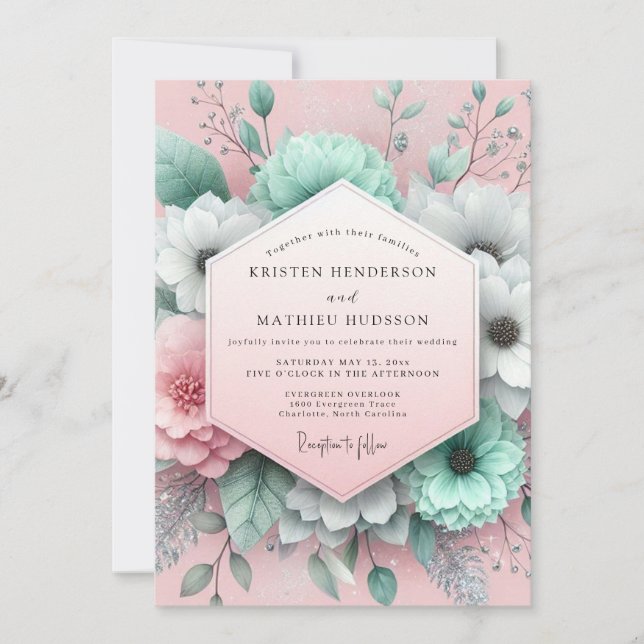 Convites Mint Blush Painterly Flora Wedding (Frente)