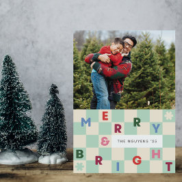 Convites Mint Checkerboard Merry & Bright Christmas Card