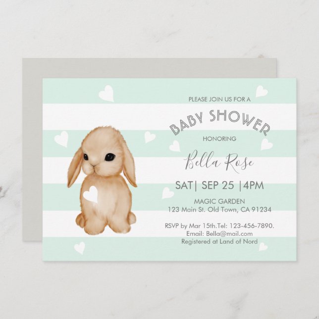 Convites Mint Cinza Bunny Baby Shower Invants (Frente/Verso)