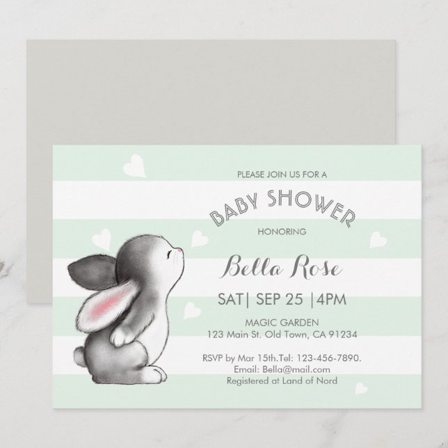 Convites Mint Cinza Heart Bunny Baby Shower (Frente/Verso)
