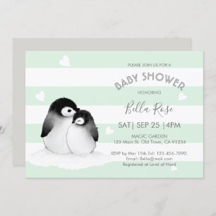 Convites Mint Cinza Penguin Baby Shower