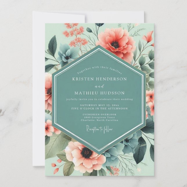 Convites Mint Coral Artistic Bloom Wedding (Frente)
