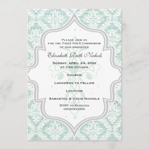 Convites Mint Cross White Damask burlap First Commune
