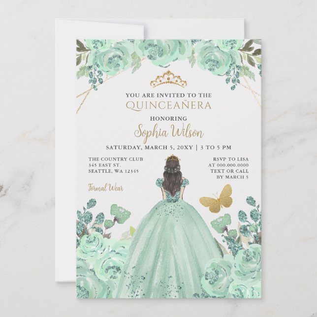Convites Mint Dourada Floral Princess Quinceañera Quince (Frente)