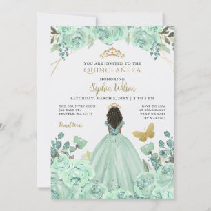 Convites Mint Dourada Floral Princess Quinceañera Quince
