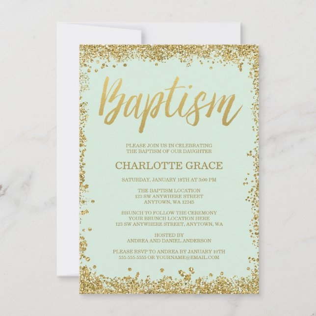 Convites Mint Dourado Faux Glitter Baptism Invances (Frente)