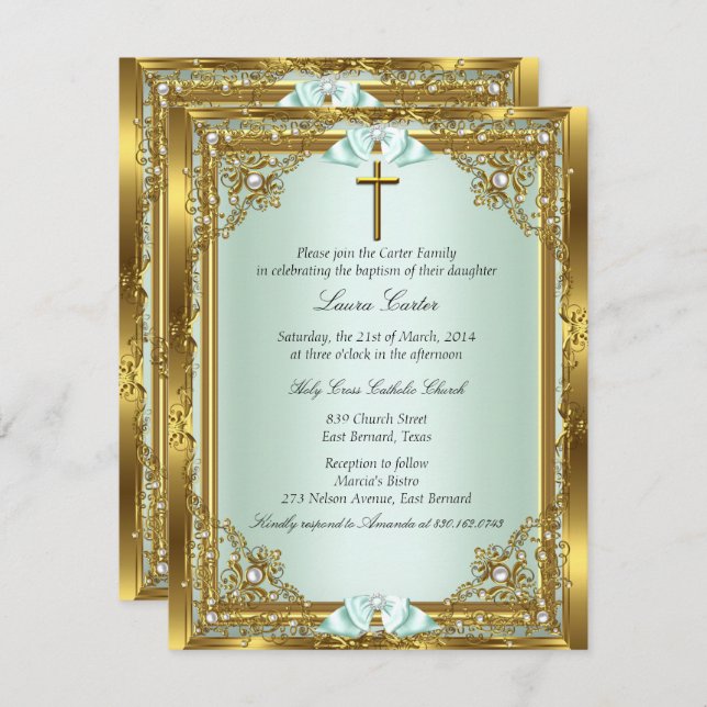 Convites Mint Dourado Pearl Damask Cross Baptism Christenin (Frente/Verso)