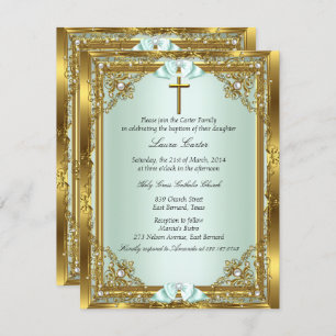 Convites Mint Dourado Pearl Damask Cross Baptism Christenin