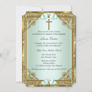 Convites Mint Dourado Pearl Damask Cross Baptism Christenin