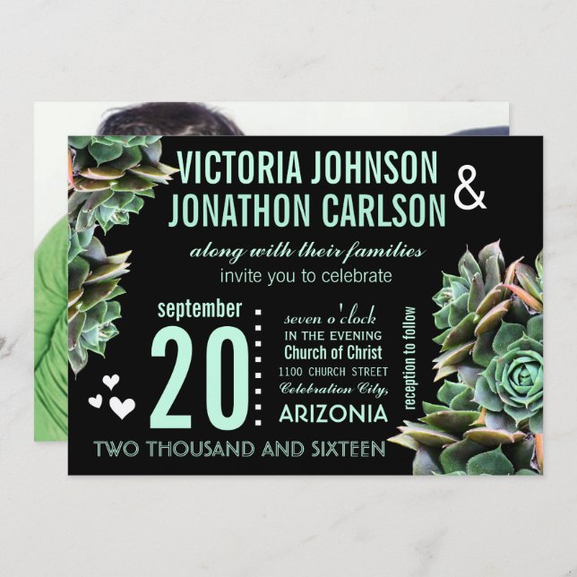 Convites Mint e Black Your Photo Succulent Modern Weding (Frente/Verso)