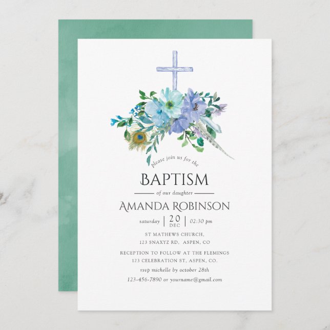 Convites Mint e Blue Boho Baptism ou Christening (Frente/Verso)