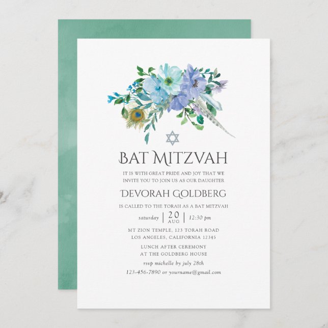 Convites Mint e Blue Boho Floral Bat Mitzvah (Frente/Verso)