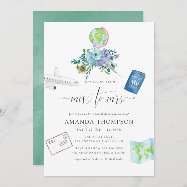 Convites Mint e Blue Boho Miss para a Sra. Chá de panela (Frente/Verso)