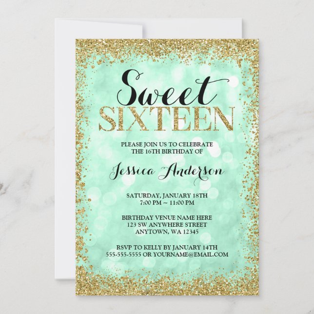 Convites Mint Faux Glitter Lights Sweet 16 Birthday (Frente)