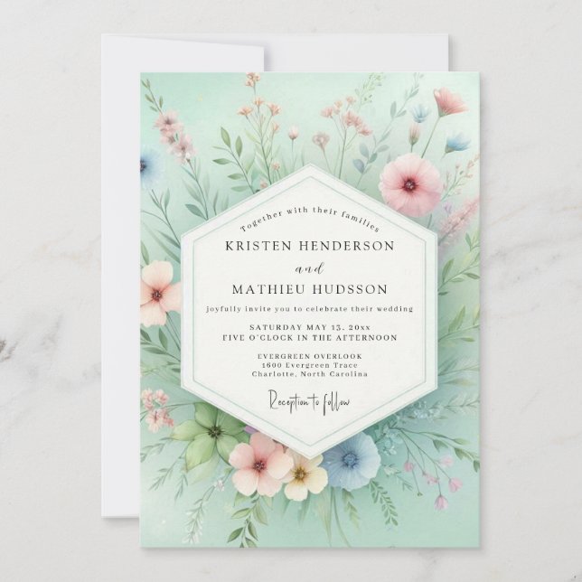 Convites Mint Floral Meadow Romance Wedding (Frente)