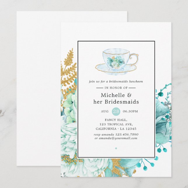 Convites Mint Floral Wedding Bridesmaids Luncheon (Frente/Verso)