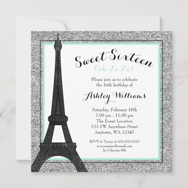 Convites Mint Glam Paris Themed Faux Glitter Sweet 16 (Frente)
