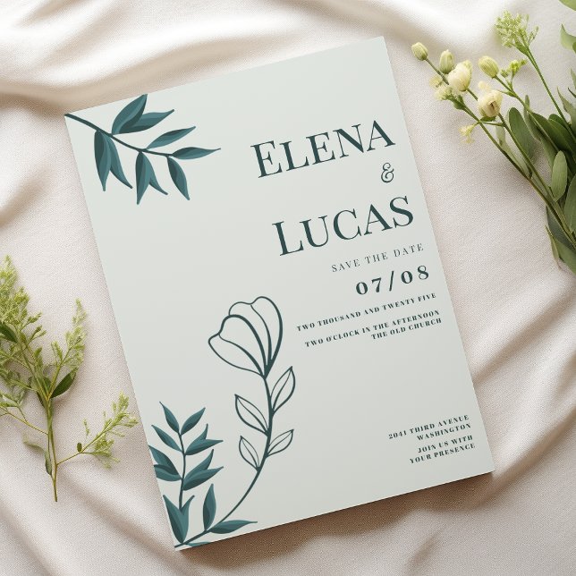 Convites Mint Greayish Cyan abstrato esboço floral (Mint grayish cyan abstract sketch floral Wedding)